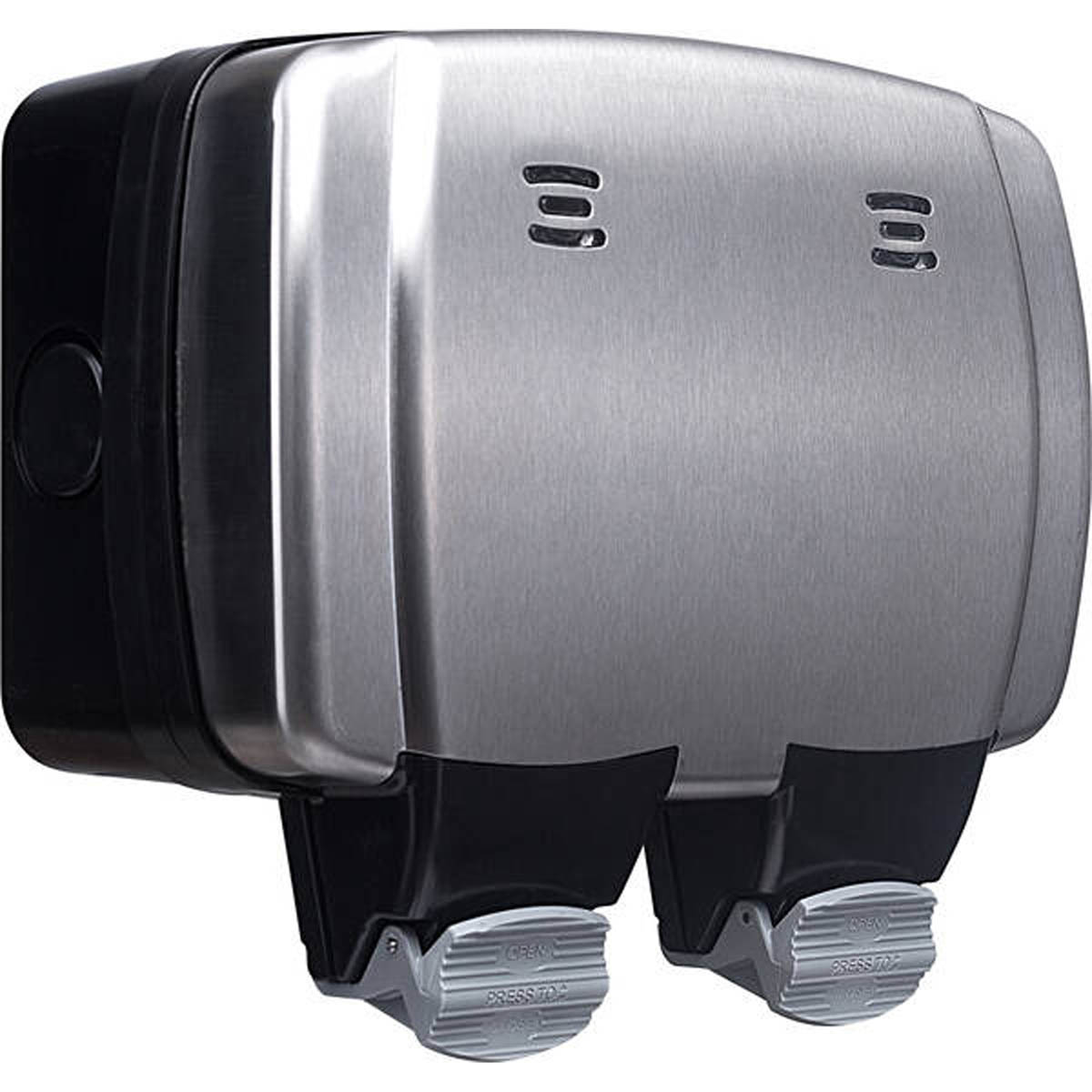 BG Double Switched Socket Outdoor 13A 2 Gang IP66 Weatherproof Brushed Steel - Image 1