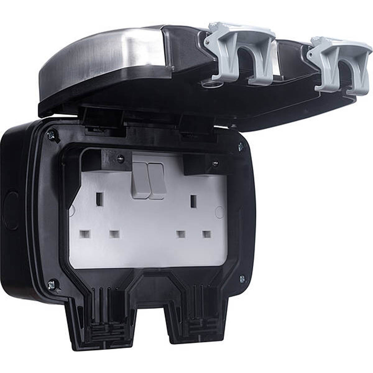 BG Double Switched Socket Outdoor 13A 2 Gang IP66 Weatherproof Brushed Steel - Image 2