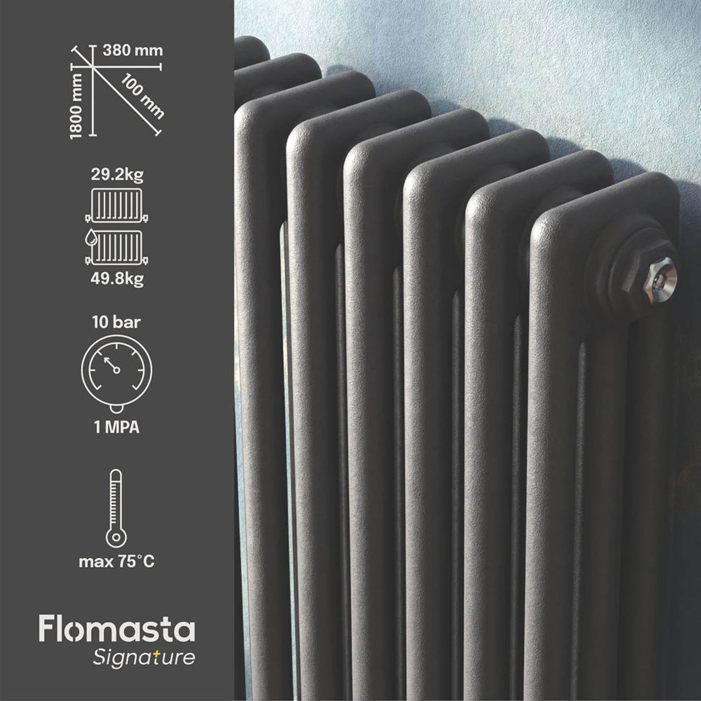 Flomasta 3 Column Radiator Anthracite Vertical Central Heating Modern 180x38cm - Image 4