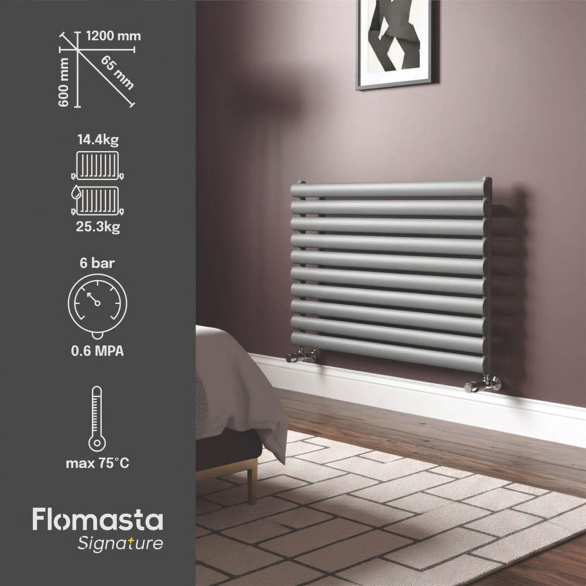 Flomasta  600mm x 1200mm 2626BTU Anthracite Horizontal Designer Radiator - Image 3