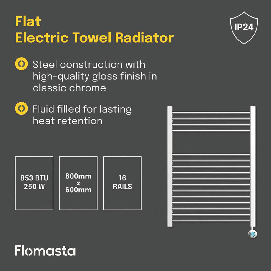 Flomasta Electric Towel Rail Radiator Chrome Flat Bathroom Warmer (H)80x(W)60cm - Image 4