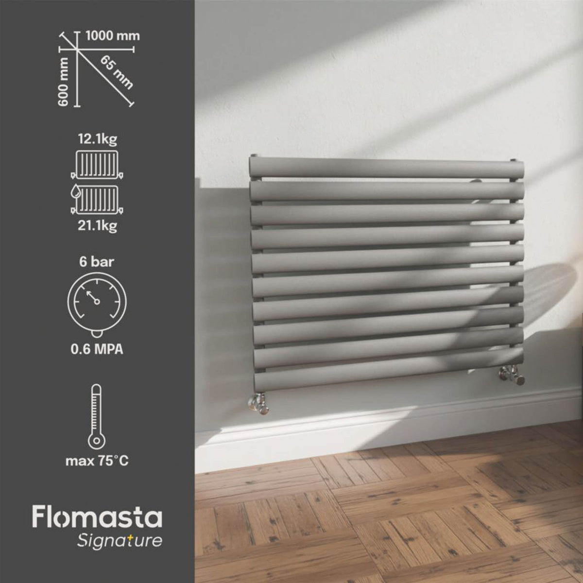 Flomasta  600mm x 1000mm 2189BTU Anthracite Horizontal Designer Radiator - Image 3